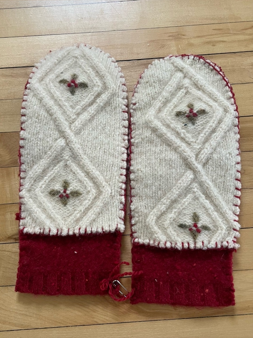 Cozy Cream & Red Wool Mittens
